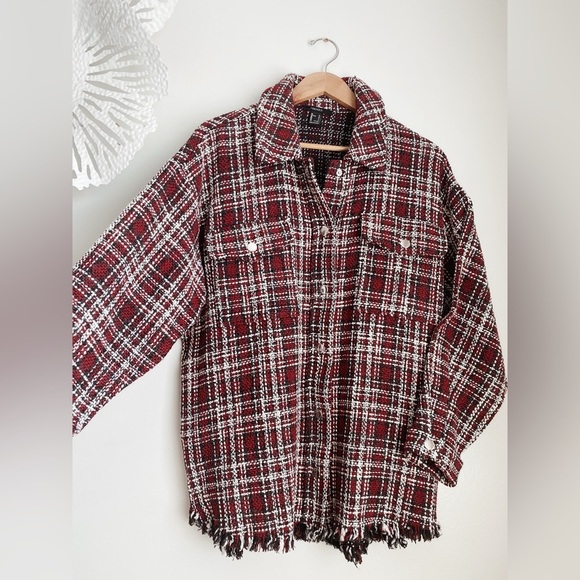 Forever21 Plaid Check Shacket Oversize Shirt Tweed Red Jacket Boucle Fray Fringe - Picture 6 of 10